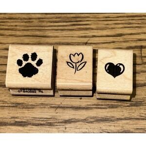 Vtg 90's Stampendous Paw Petite Tulip Heart Wood Mounted Rubber Stamps Lot Of 3